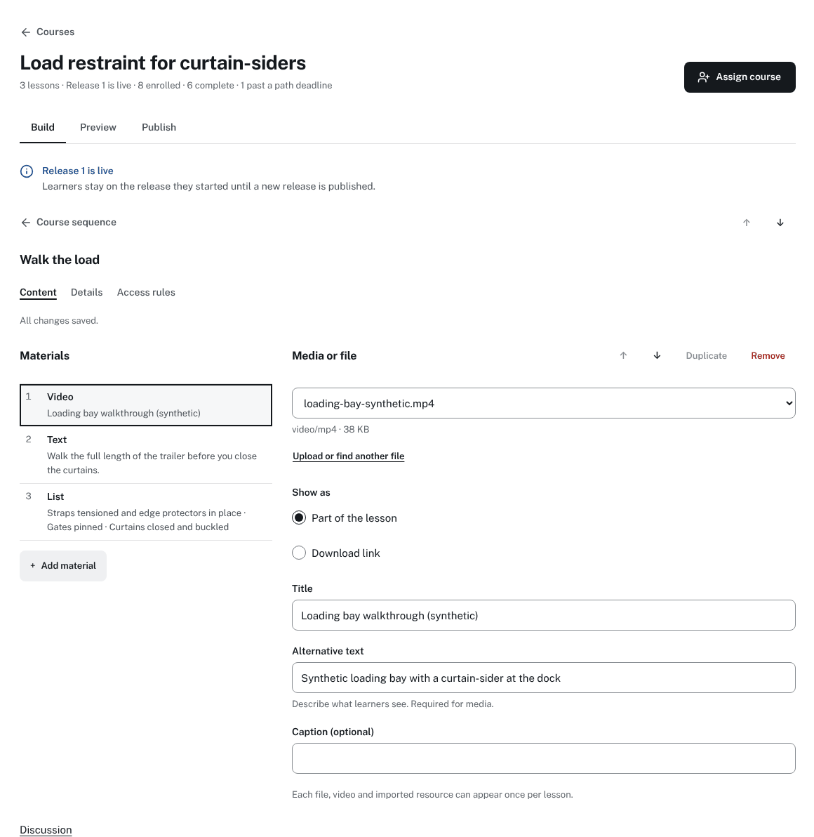 Instructor lesson editor in a synthetic training workspace, with a video, text and checklist material and Release 1 live.