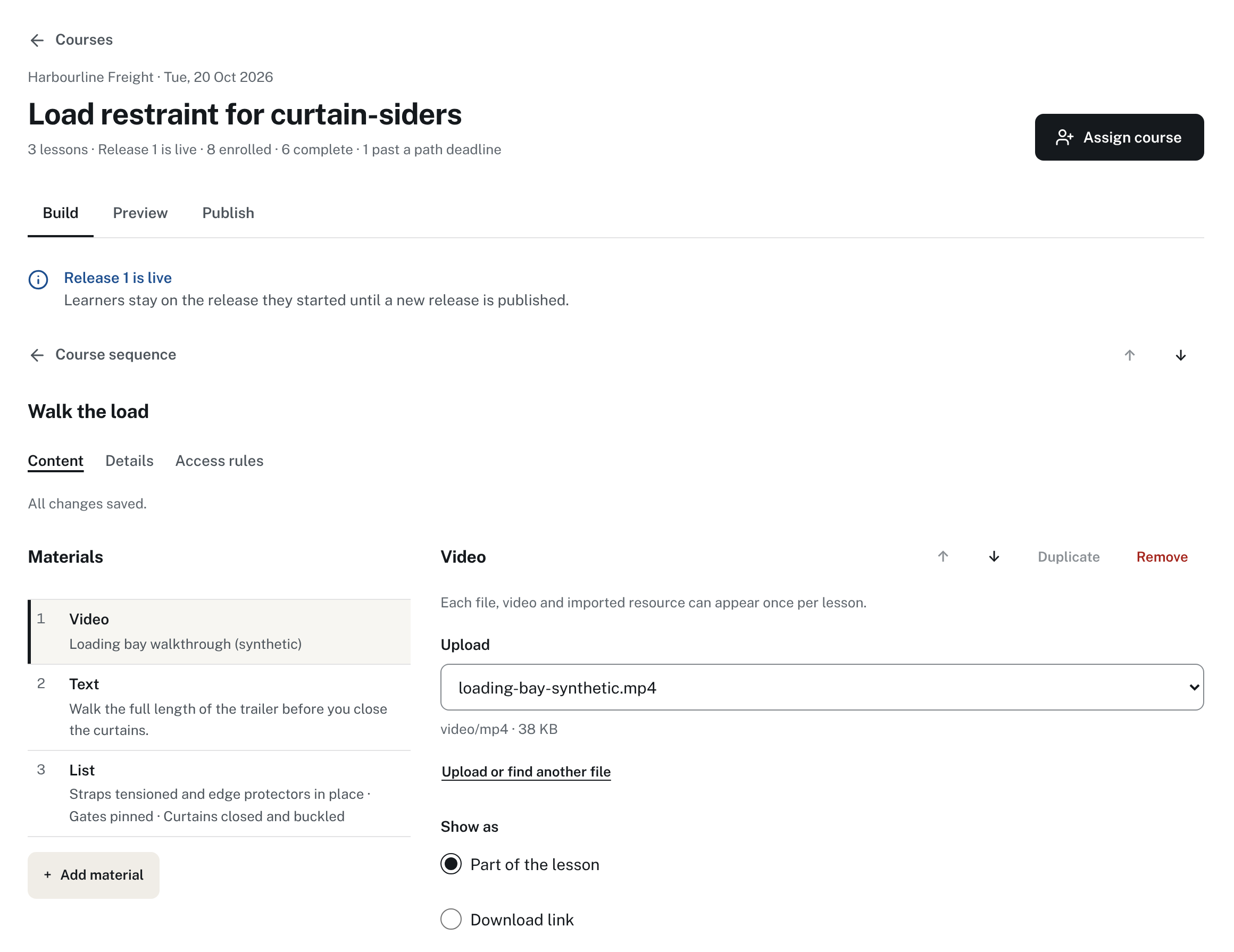 Instructor lesson editor for “Walk the load”: Release 1 is live, with its materials, a video, a text and a checklist.