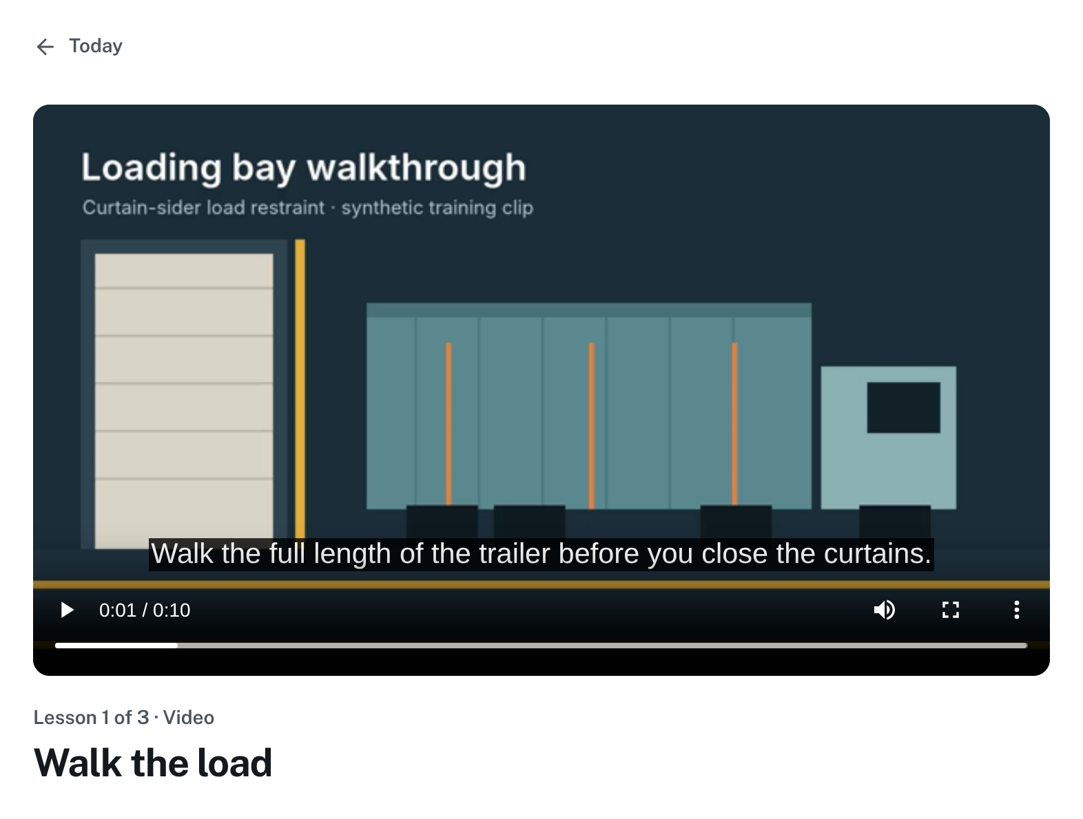 Learner lesson “Walk the load” from the course Load restraint for curtain-siders: a training video paused on its caption.