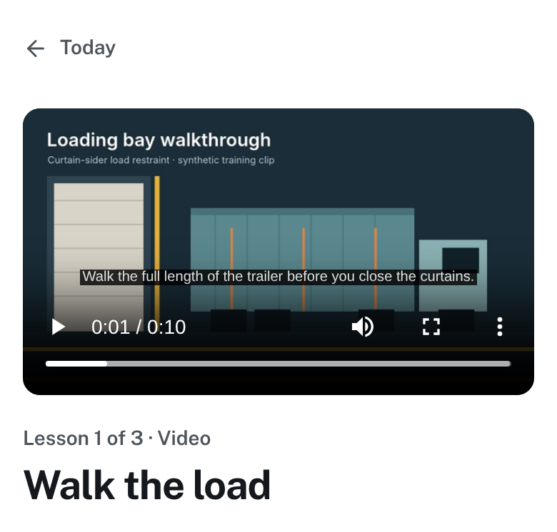 Learner lesson “Walk the load” from the course Load restraint for curtain-siders: a training video paused on its caption.