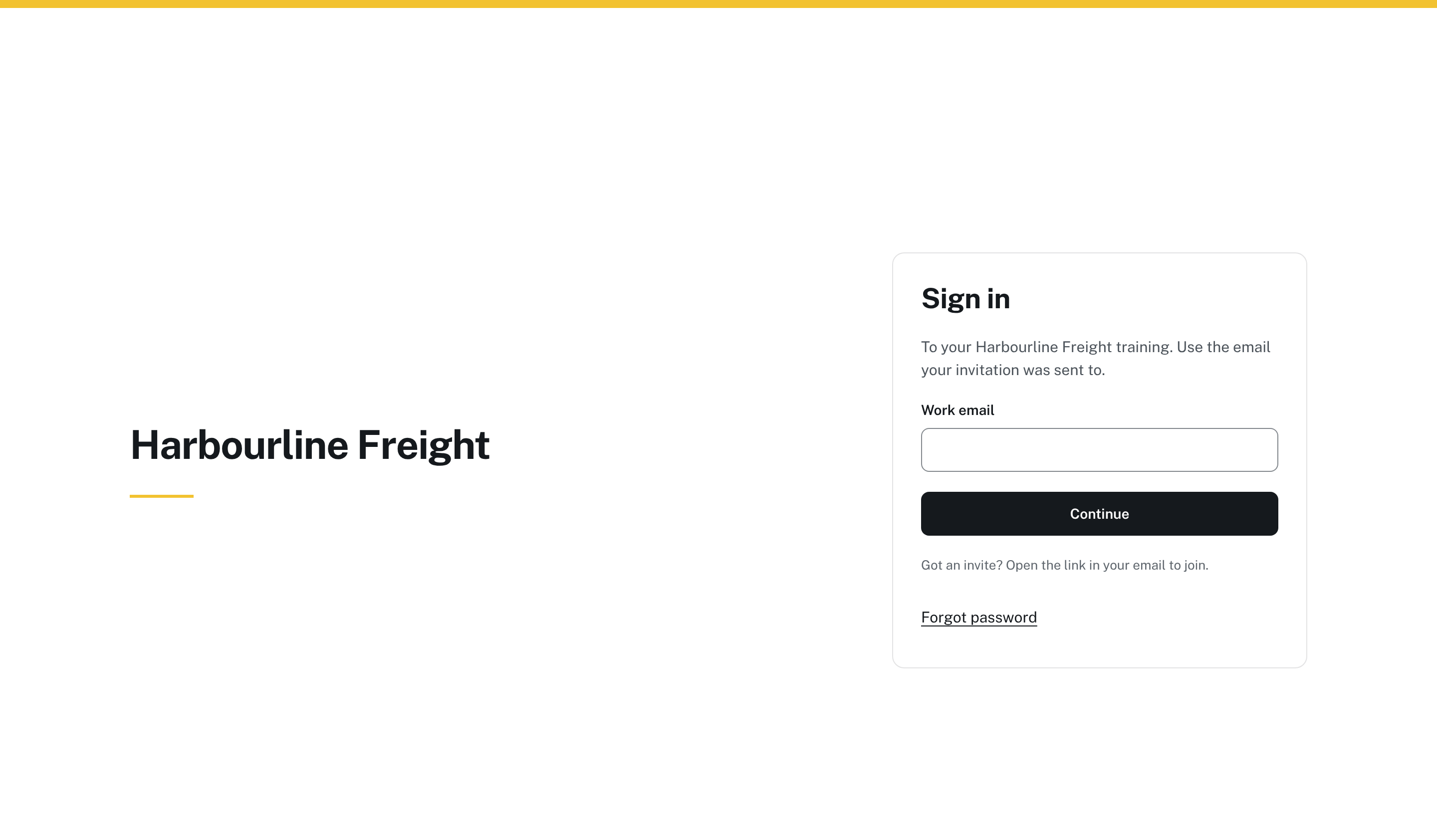 An organisation’s own sign-in page: its name, a sign-in card asking for the work email the invitation was sent to, and “Powered by FreightReady”.